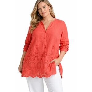 Sutton Studio Linen Tunic Top Coral Eyelet Hem Plus Size 1X Boho Lightweight
